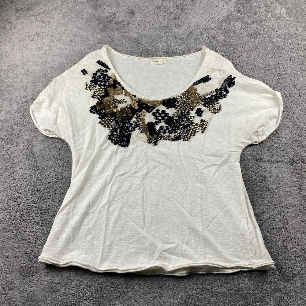Silence + Noise Sequin Top Shirt Womens Small White Short Sleeve